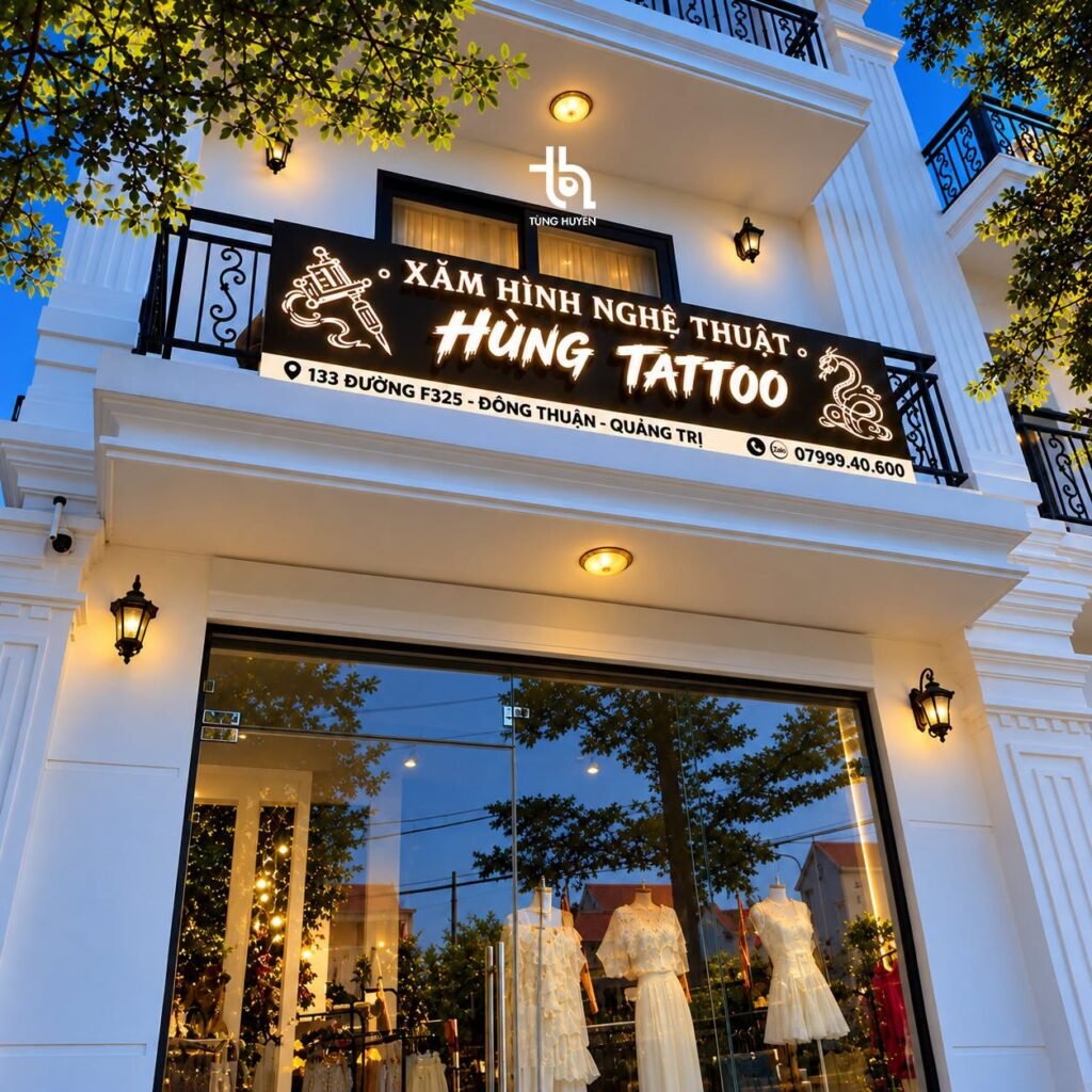 Bảng chữ nổi sáng đèn mặt alu cho tiệm Hùng Tattoo – Quảng Cáo Tùng Huyền